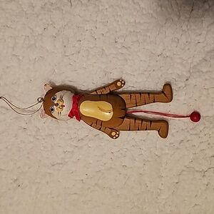 Vintage Faux Wood Articulated Cat Ornament with Pull String